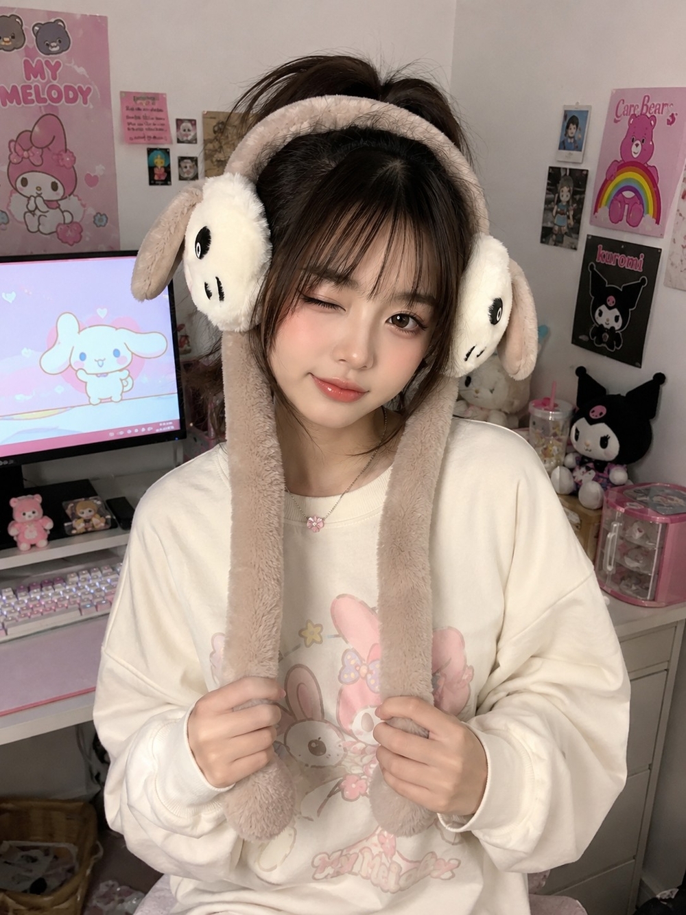Plush Puppy Earmuffs Tan Cream Faux Fur Kawaii Whimsical One Size Soft Furry Coz